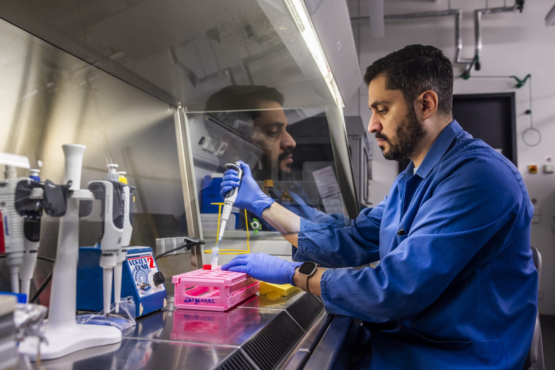 A PhD student works in the microbiology lab