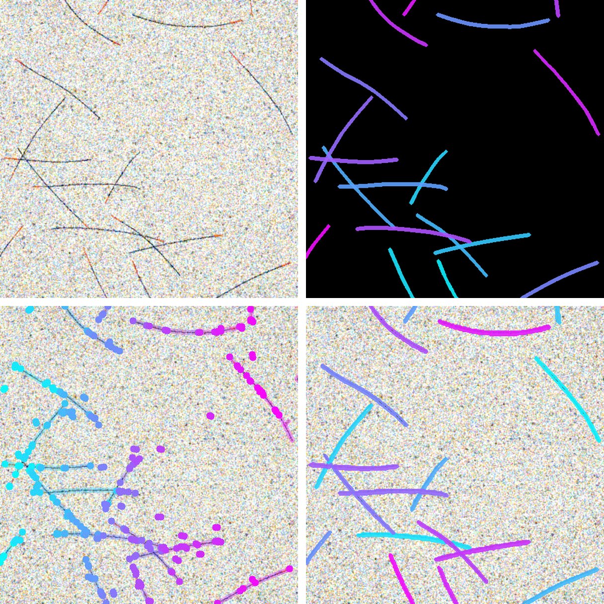 A synthetic microtubule image, its ground-truth instance masks, and predictions by FIESTA and SAM3Text