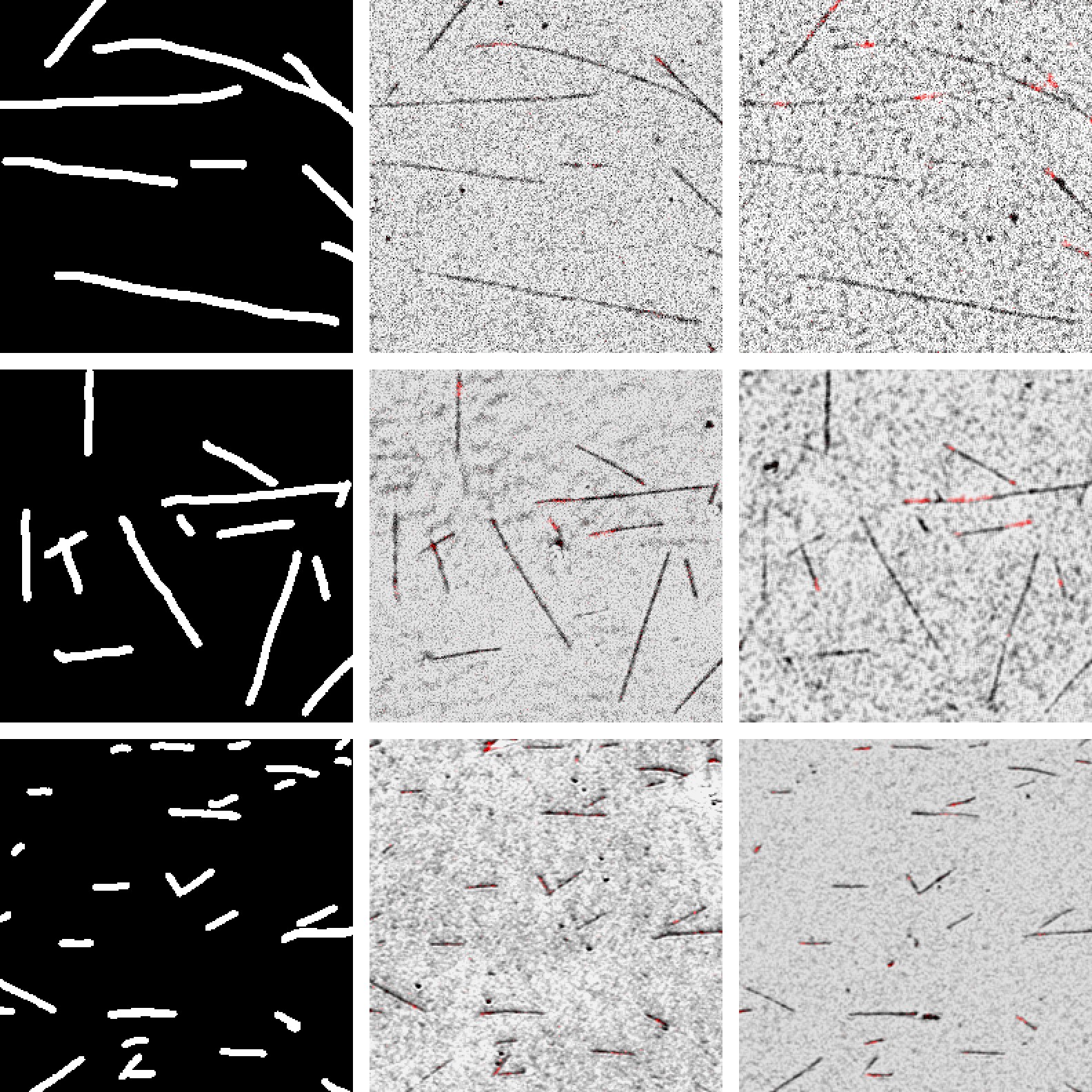 Three rows, each with a binary microtubule mask, the real IRM recording, and the image DiffuMT generated from the mask