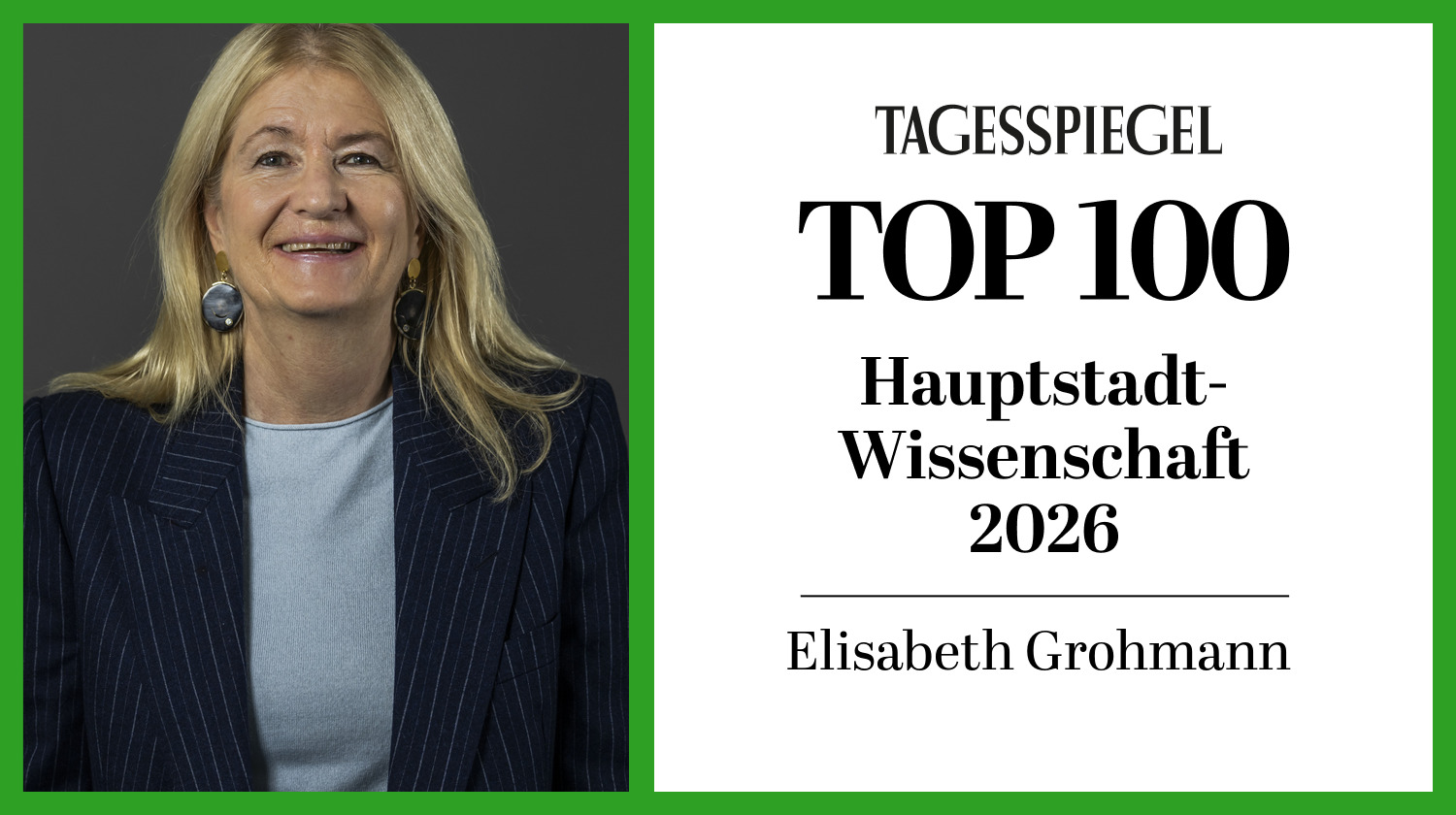 Elisabeth Grohmann next to the Tagesspiegel badge “Top 100 Hauptstadt-Wissenschaft 2026”