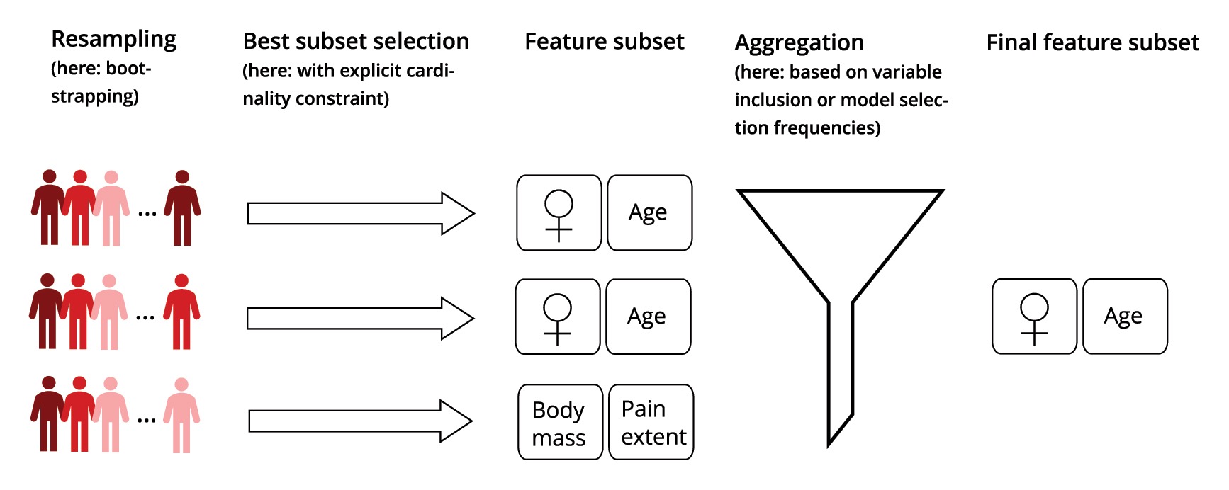 Diagram of the method: resampled data, best subset selection on each sample, and aggregation of the feature subsets into a final subset